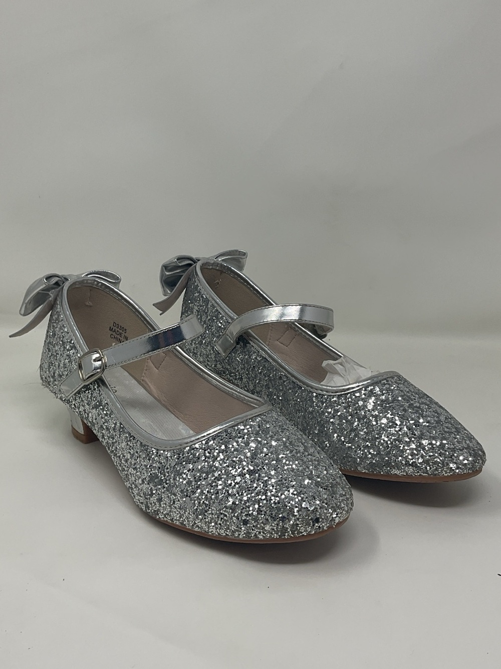 Girls Silver Glitter Mary Jane Heel Dress Shoes with Bows NEW